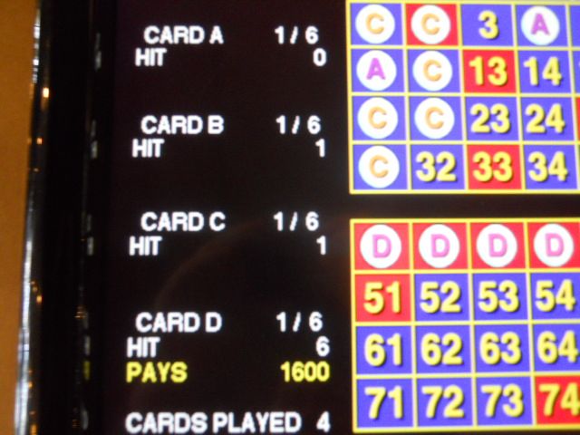 I sat down with a five at another Four Card Keno nickel game, ordered a Diet Pepsi and began to play. Would you believe it? I hit another 6/6.