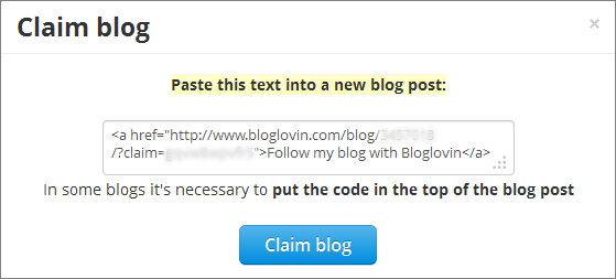 Use the code to claim your blog