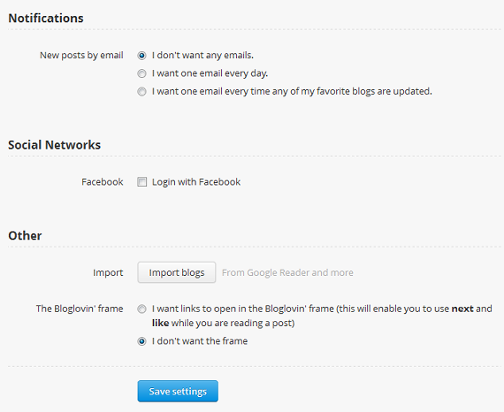 Bloglovin' settings