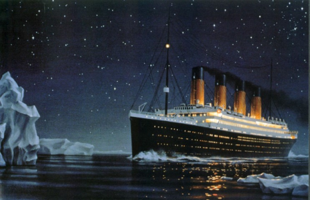 R.M.S. Titanic gliding through iceberg waters.