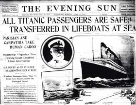Titanic newspaper headline in The Evening Sun