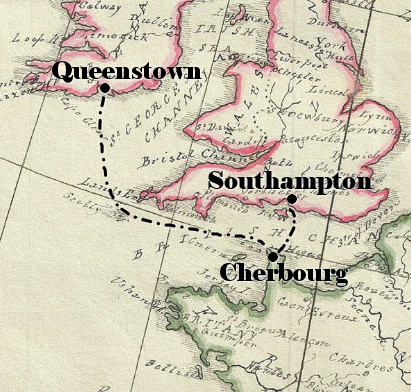Map of Titanic's route from Southampton to Cherbourg to Queenstown.