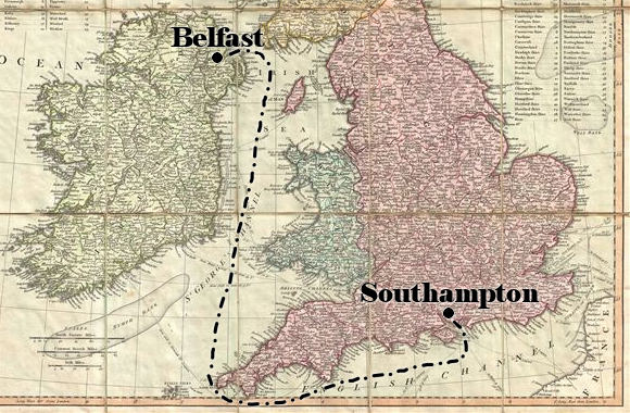 A map showing the route from Belfast to Southampton.