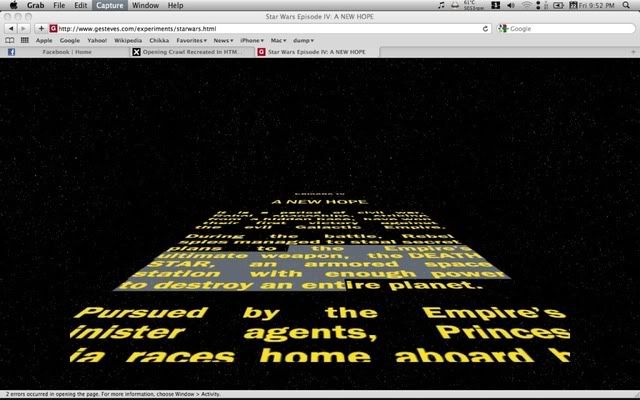 Star Wars Opening Crawl Text. Posted Image to all Snow Leopard users with the current version of Safari, try it for yourself.. here#39;s the site: http://www.gesteves.s/starwars.html