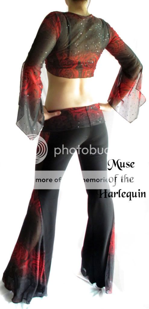 Black Red Roses Sequin Tribal Gothic Belly Dance Pants  